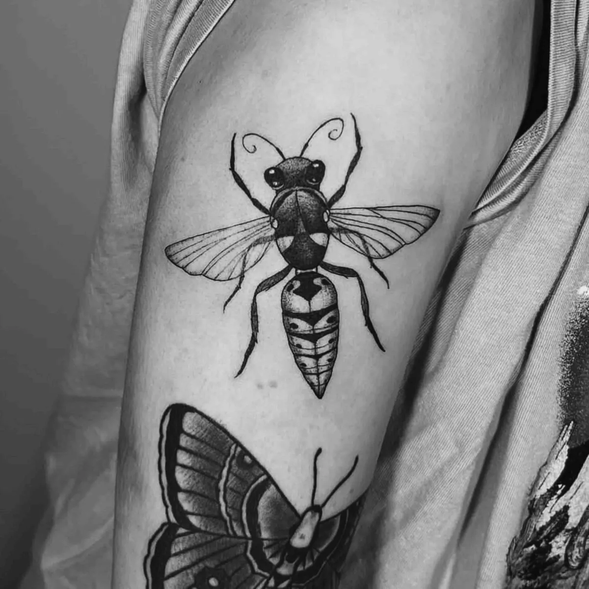 Blackwork wasp and butterfly